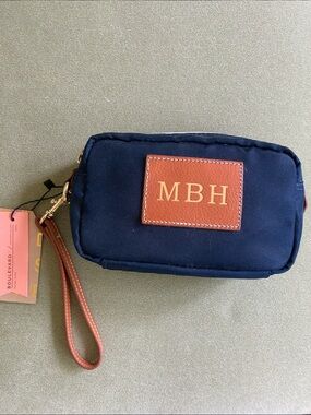 Boulevard Navy Wristlet Cosmetic Pouch with Brown Accent and initials MBH